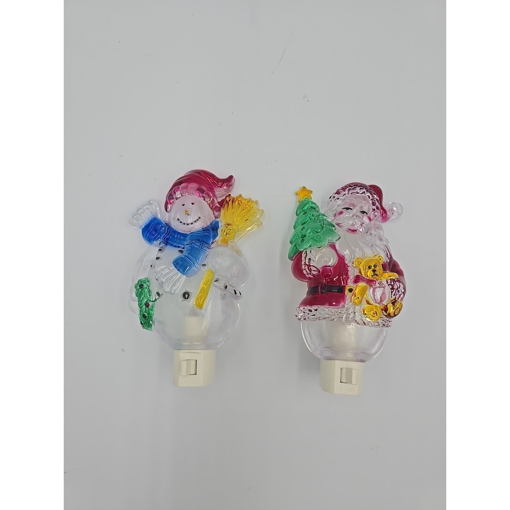 Vtg CHRISTMAS SANTA SNOWMAN ACRYLIC VINTAGE NIGHT LIGHTS HOLIDAY DECOR PLUG IN